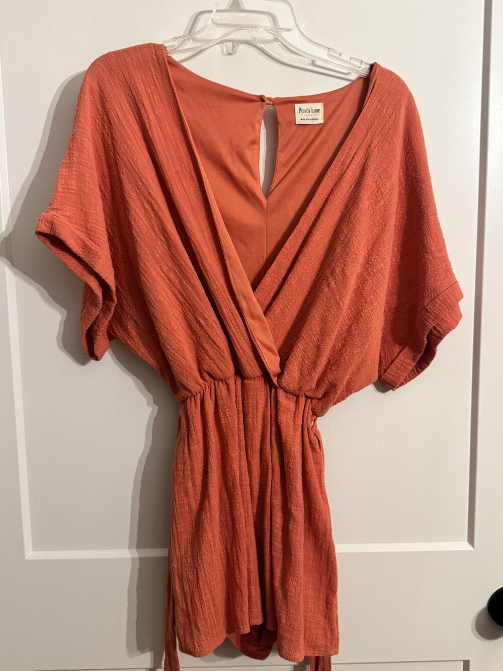 Peach Love Romper Sz M Orange Gauze Belted V Neck Short Sleeve Summer Vacation